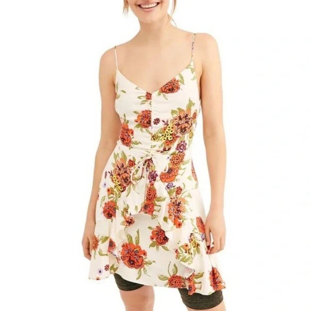Free People Happy Heart Mini Dress Ruched Smocked Back Adjustable Strap Size M